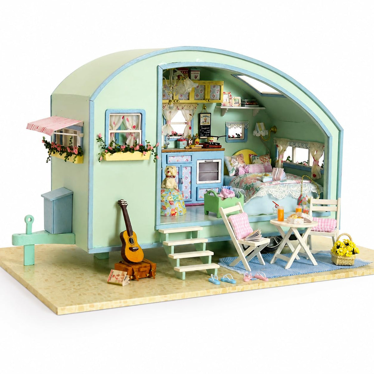 CUTEROOM DIY Miniature Wooden Caravan Dollhouse Kit with Furniture