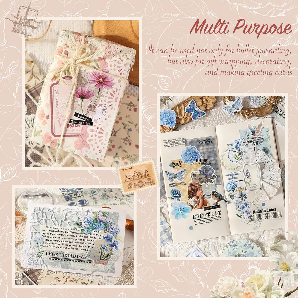400Pcs Floral Scrapbook Supplies Kit,Junk Journal Supply for Beginner