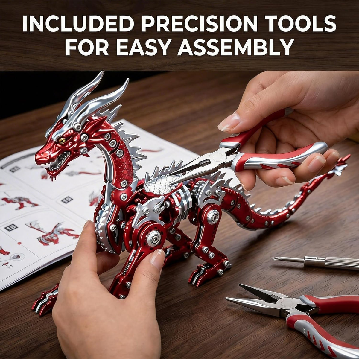 3D Model Kits for Adults,Metal Dragon Puzzle Building Set,Collectible Mechanical Engineering Crafts for Home Office Decoration & Gift(Red-Green)