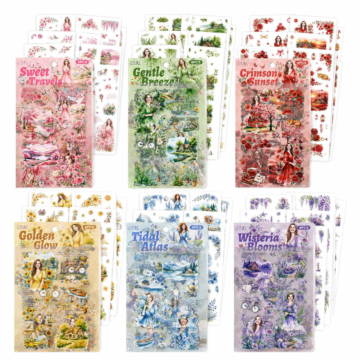 24 Sheets PET Die-Cut Stickers for Journaling, 6 Theme Packs