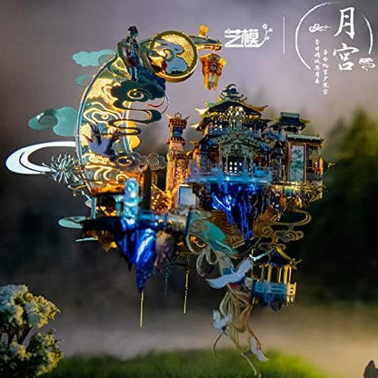 MU Moon Palace 3D Metal Puzzles for Adult to Build Assembling with Lighting Holder, Floating Building Craft Kit Mythical Island Model DIY Sets Metal Model Kits Building, Birthday Gift Home Desk Decor