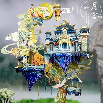 MU Moon Palace 3D Metal Puzzles for Adult to Build Assembling with Lighting Holder, Floating Building Craft Kit Mythical Island Model DIY Sets Metal Model Kits Building, Birthday Gift Home Desk Decor