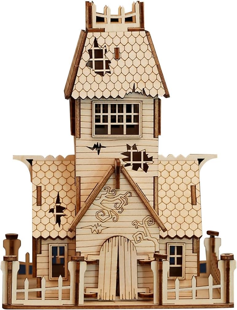 3D Wooden Puzzle for Adults, Halloween Abandoned House Wooden Model Kit to Build, 68PCS DIY Assembly Steampunk Puzzle Miniature House, Ornament Decor Birthday Gift -KIT