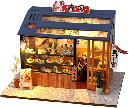 DIY Miniature House Kit with LED Light Japanese Style Sushi Shop Wooden Dollhouse Mini House kit Ideal Gifts for Birthday