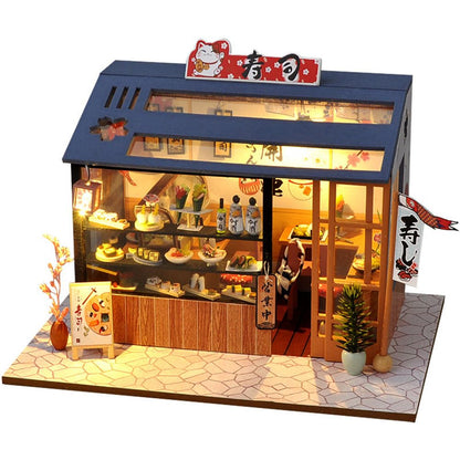 DIY Miniature House Kit with LED Light Japanese Style Sushi Shop Wooden Dollhouse Mini House kit Ideal Gifts for Birthday