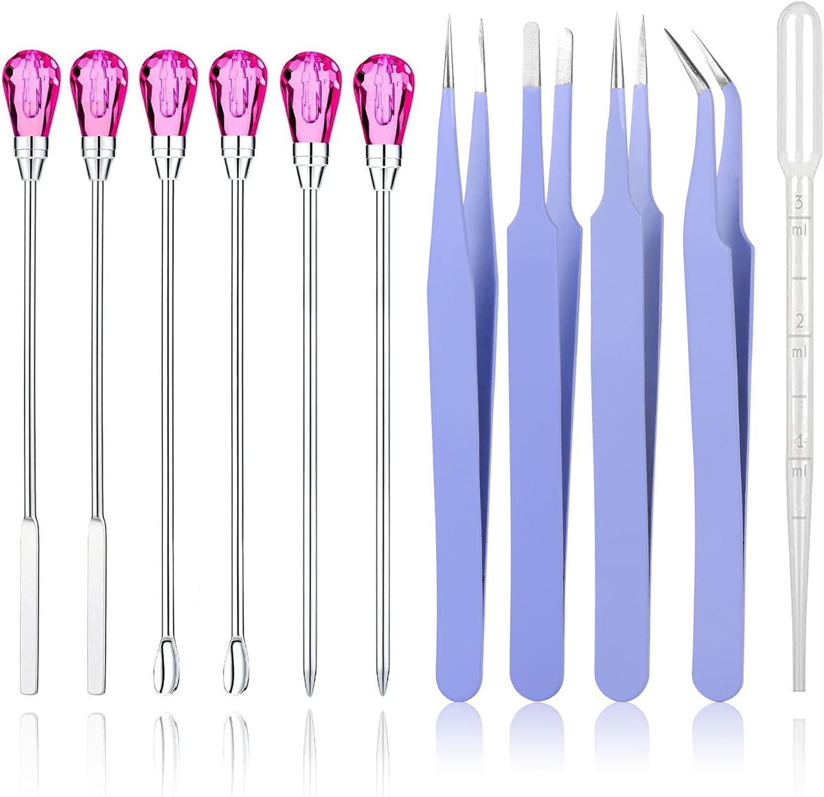 11 Pcs Silicone Resin Mold Tools Set Stirring Needle Spoon Tool Tweezers Precision Kit, Anti-Static Electronics Tweezers Set for Resin Art Crafts,Jewelry Making,DIY Epoxy Casting Molds(Rose Red)