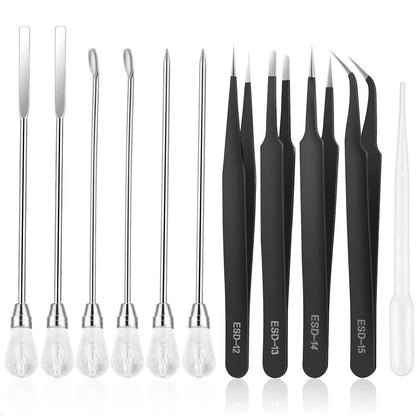 11 Pcs Silicone Resin Mold Tools Set Stirring Needle Spoon Tool Tweezers Precision Kit, Anti-Static Electronics Tweezers Set for Resin Art Crafts,Jewelry Making,DIY Epoxy Casting Molds(Rose Red)