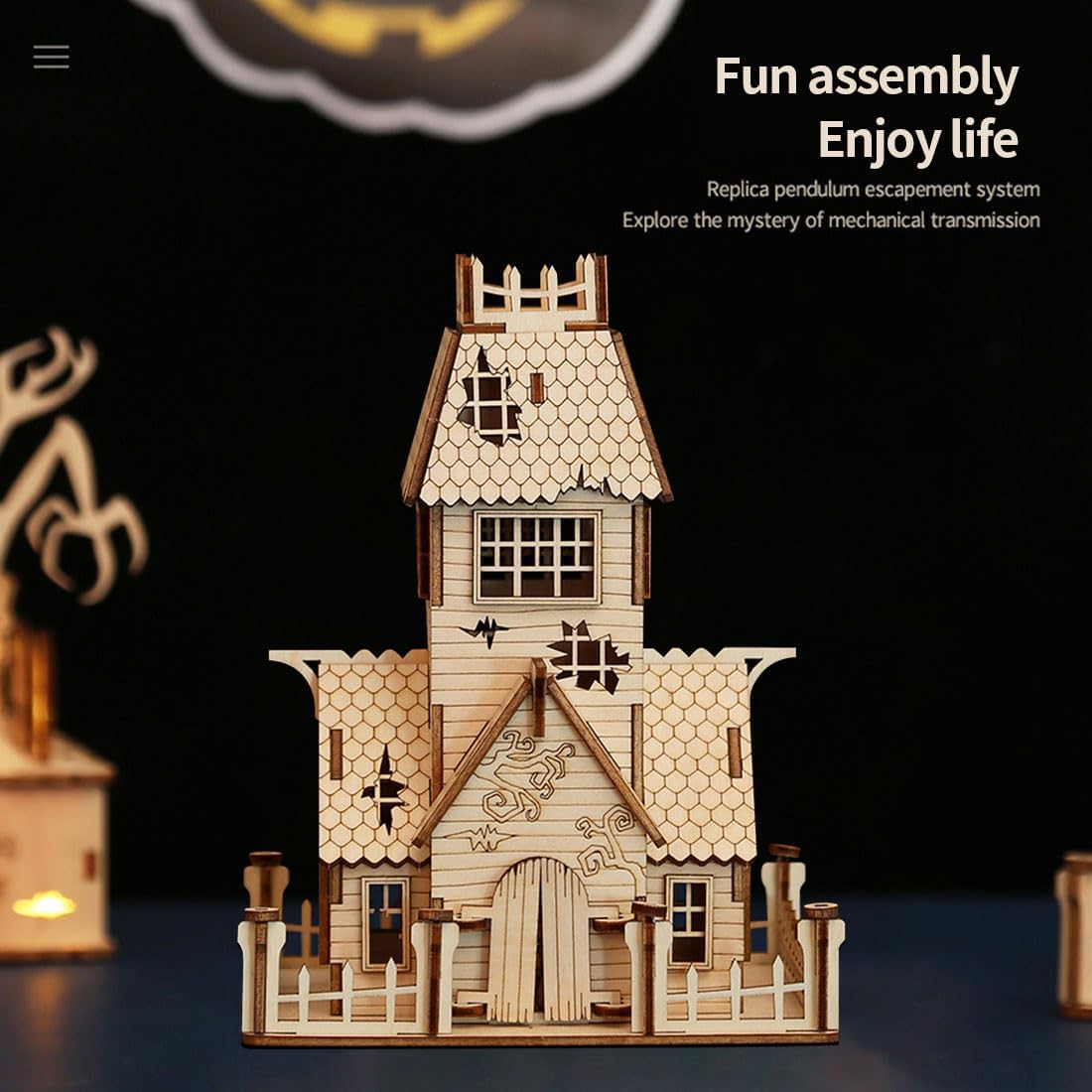 3D Wooden Puzzle for Adults, Halloween Abandoned House Wooden Model Kit to Build, 68PCS DIY Assembly Steampunk Puzzle Miniature House, Ornament Decor Birthday Gift -KIT