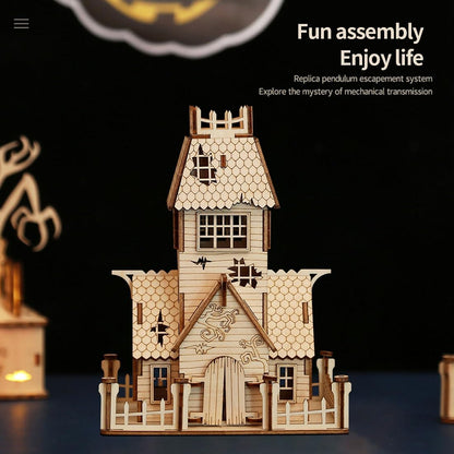 3D Wooden Halloween Abandoned House, Creative DIY Puzzle Kit with Spooky Haunted Design, Halloween Décor and Collectible Display, Gift for Adults & Enthusiasts (Kit Version/68PCS)