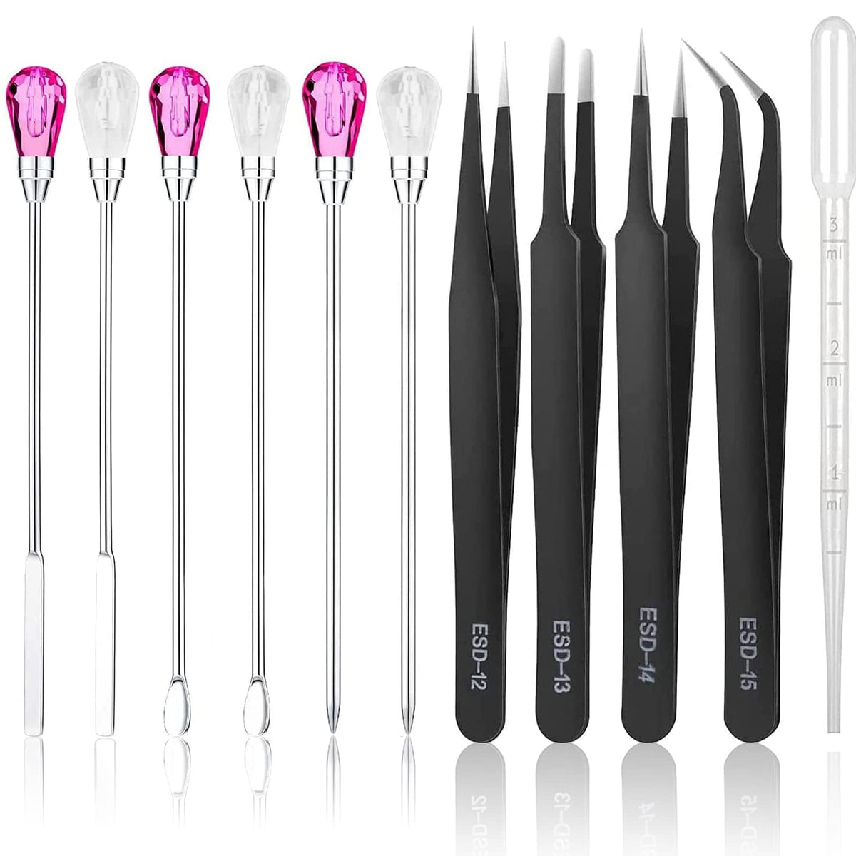 11 Pcs Silicone Resin Mold Tools Set Stirring Needle Spoon Tool Tweezers Precision Kit, Anti-Static Electronics Tweezers Set for Resin Art Crafts,Jewelry Making,DIY Epoxy Casting Molds(Rose Red)