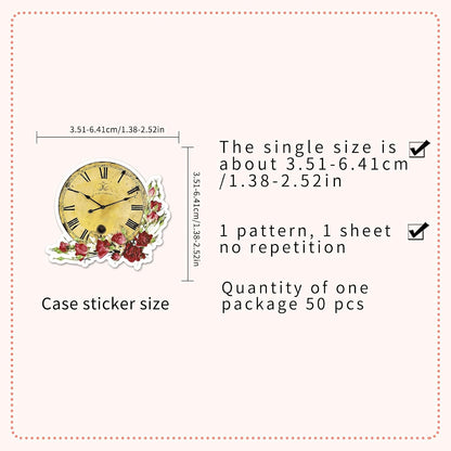 50Pcs Vintage Floral Clock Stickers, Waterproof Vinyl Mechanical Gear