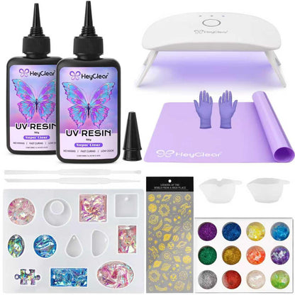 HeyClear UV Resin Kit with Light, Molds 200g Clear UV Epoxy Cure for Crafts