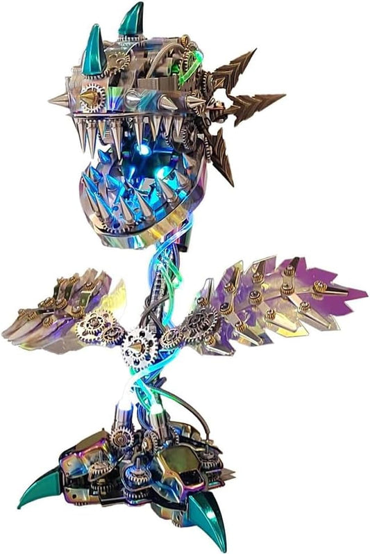 3D Metal Puzzle Piranha Plant Flower Model Kit, 400PCS DIY Assemble Steampunk Mechanical Piranha Plant Flower with LED Light, Creative Handcrafted Art Craft Desktop Display & Decoration for Adults