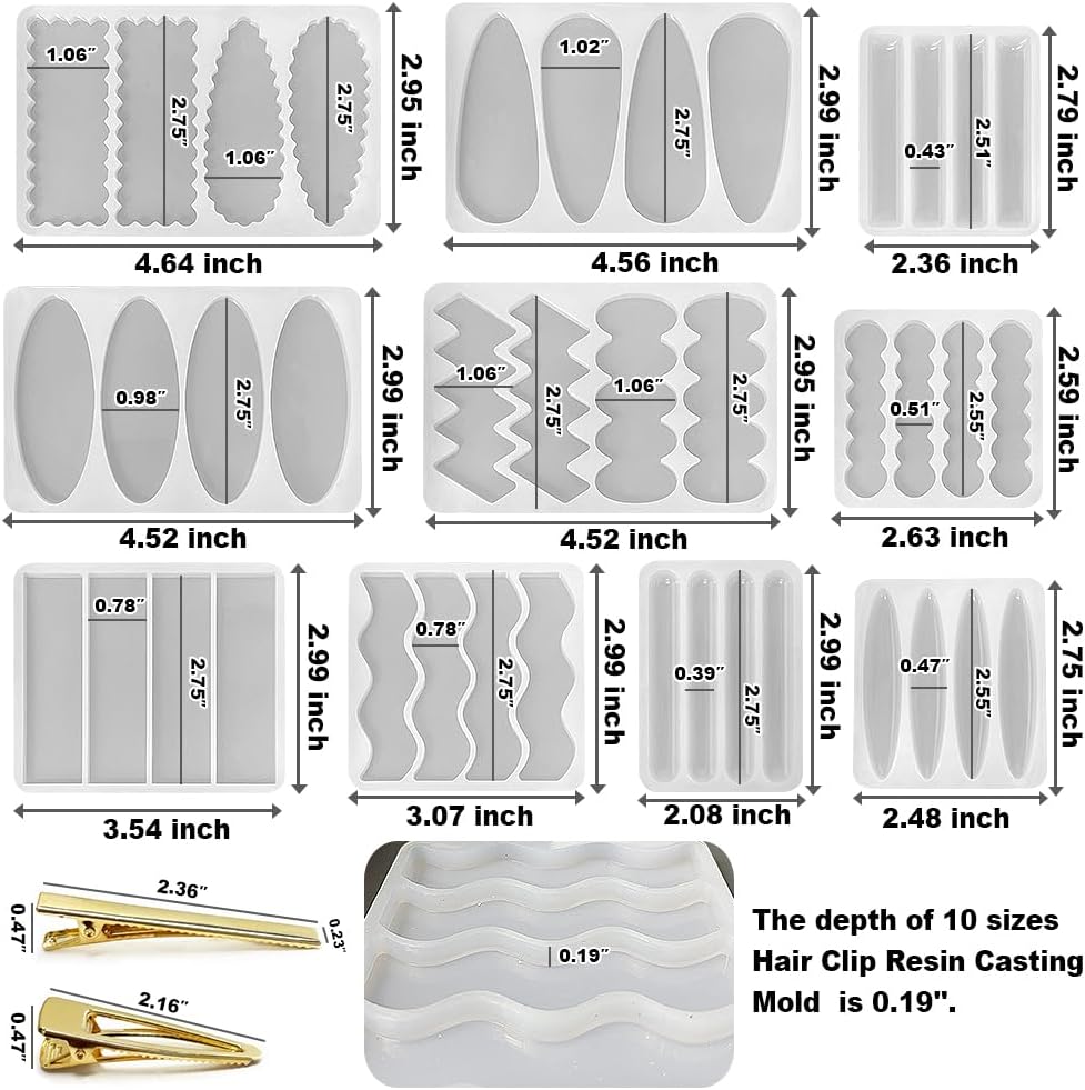RESINWORLD Deep Hair Clip Silicone Molds with Accessories, Thick Hairpin Molds for Epoxy Resin Casting, UV Resin Jewelry Making Kit