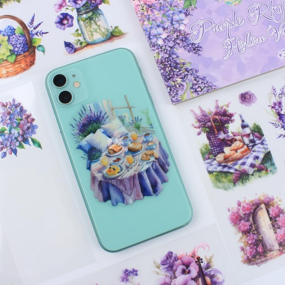 30 Sheets Precut Purple Garden Landscape Stickers Book for Junk Journal Supplies, Transparent PET Stickers for Journaling, Scrapbooking, Bujo, Collage, Card Making
