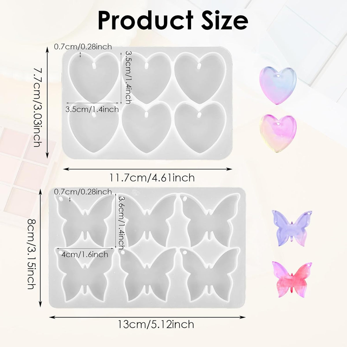 Butterfly Molds Silicone, 2 Pack Fondant Molds 6 Grids Epoxy Resin Mold with Hole Keychain Pendant Mold Heart Shape for DIY Crafts Jewelry Making