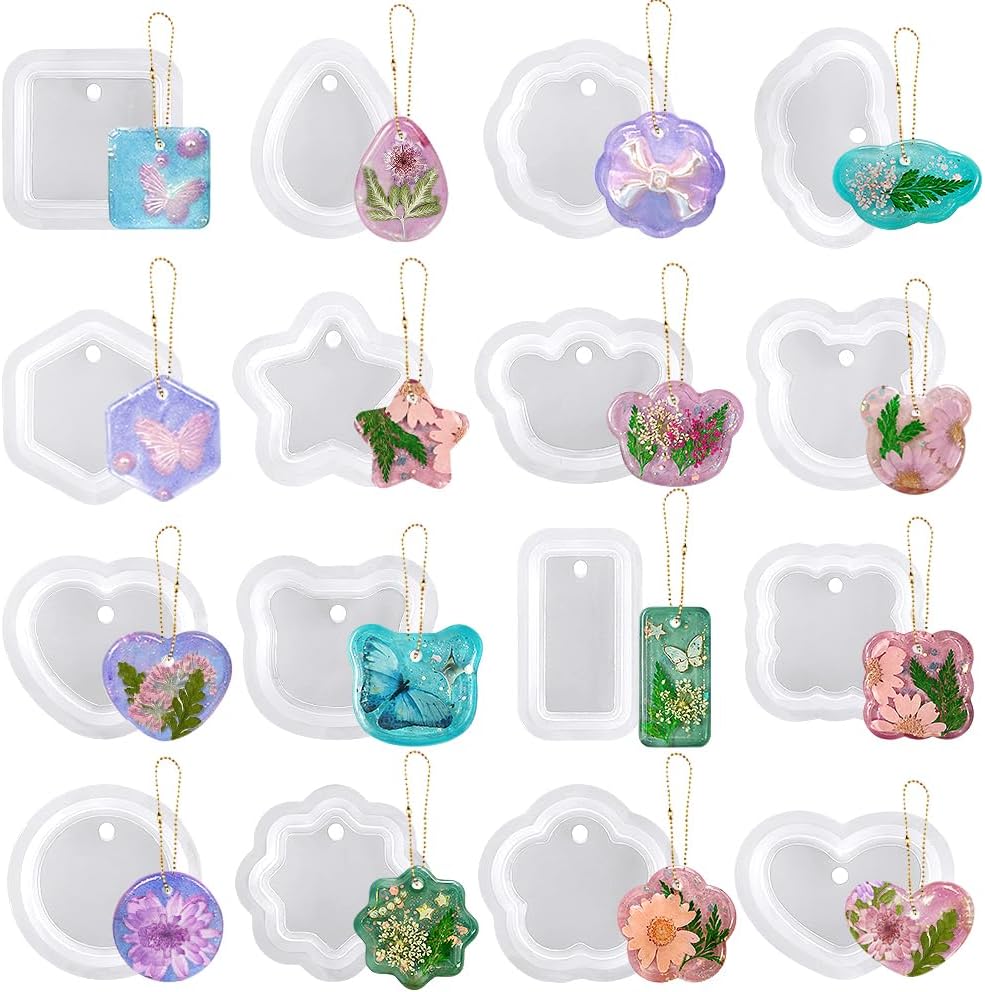 RESINWORLD Variety Geometric Pendant Silicone Molds with Hanging Hole, Jewelry UV Resin Mold, Necklace Keychain Molds for Epoxy Resin