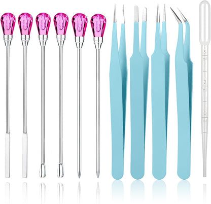 11 Pcs Silicone Resin Mold Tools Set Stirring Needle Spoon Tool Tweezers Precision Kit, Anti-Static Electronics Tweezers Set for Resin Art Crafts,Jewelry Making,DIY Epoxy Casting Molds(Rose Red)