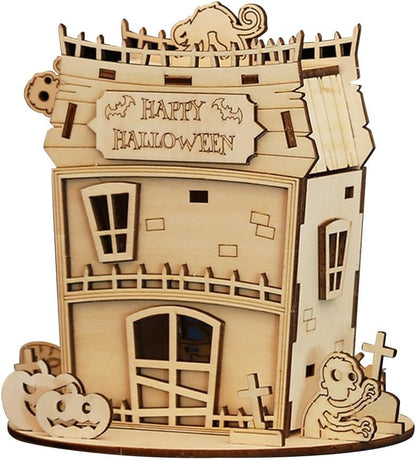 3D Wooden Puzzle for Adults, Halloween Abandoned House Wooden Model Kit to Build, 68PCS DIY Assembly Steampunk Puzzle Miniature House, Ornament Decor Birthday Gift -KIT
