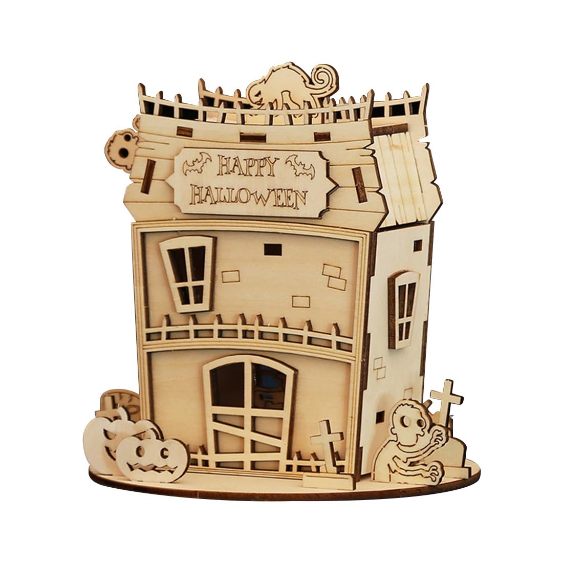 3D Wooden Halloween Abandoned House, Creative DIY Puzzle Kit with Spooky Haunted Design, Halloween Décor and Collectible Display, Gift for Adults & Enthusiasts (Kit Version/68PCS)