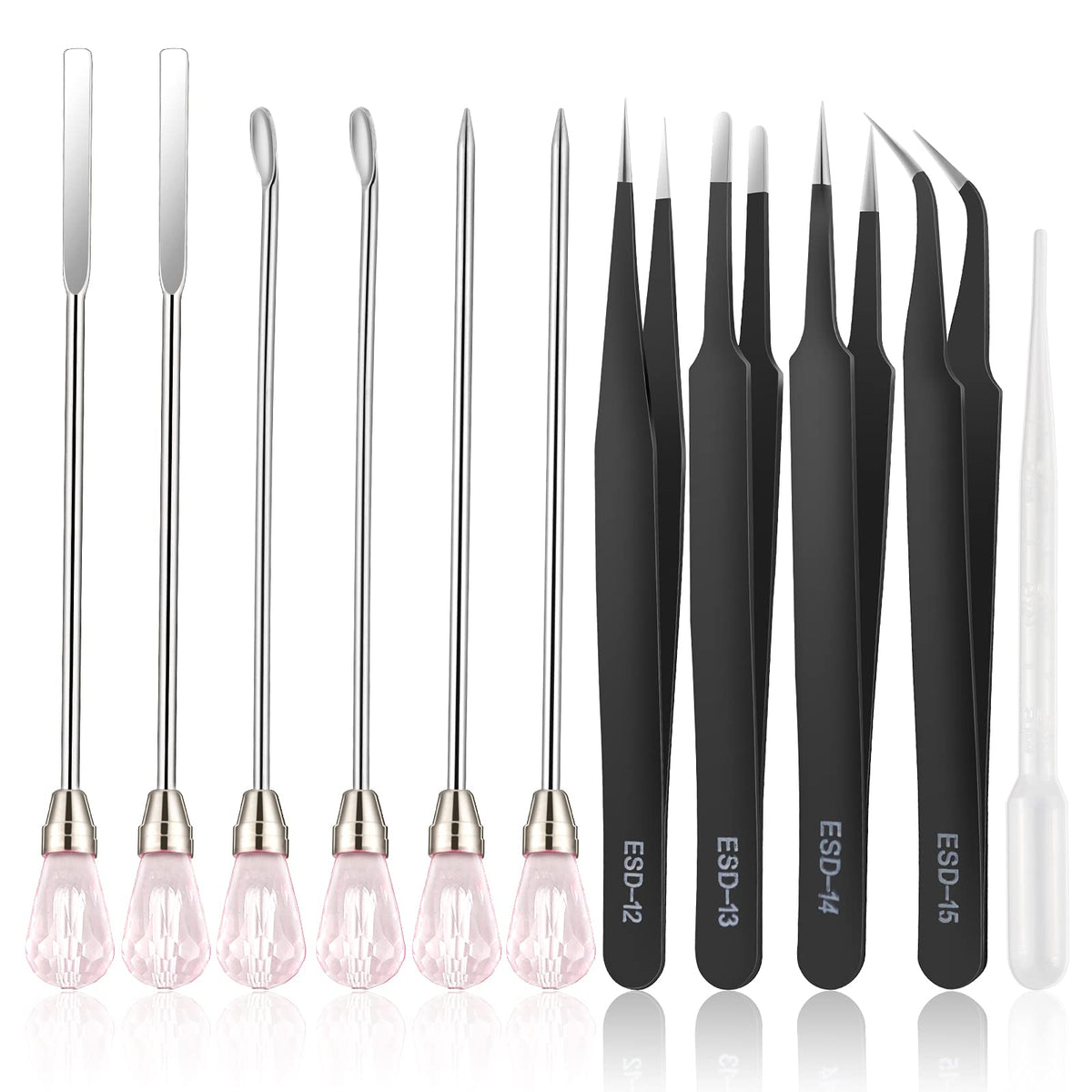 11 Pcs Silicone Resin Mold Tools Set Stirring Needle Spoon Tool Tweezers Precision Kit, Anti-Static Electronics Tweezers Set for Resin Art Crafts,Jewelry Making,DIY Epoxy Casting Molds(Rose Red)