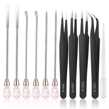 11 Pcs Silicone Resin Mold Tools Set Stirring Needle Spoon Tool Tweezers Precision Kit, Anti-Static Electronics Tweezers Set for Resin Art Crafts,Jewelry Making,DIY Epoxy Casting Molds(Rose Red)
