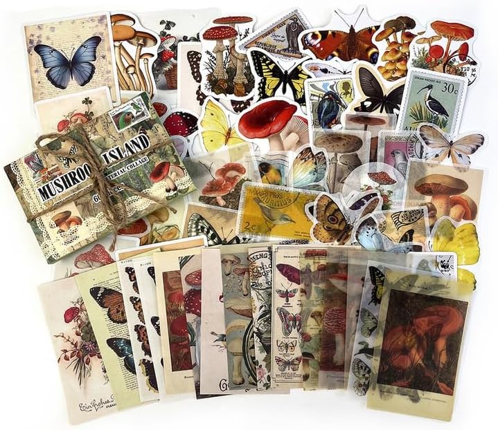 60PCS Vintage Green Forest Junk Journal Supplies Kit, Botanical Collage Paper & Stickers Set Craft Paper, Sulphate Paper, for Scrapbooking, Journaling, Planner.