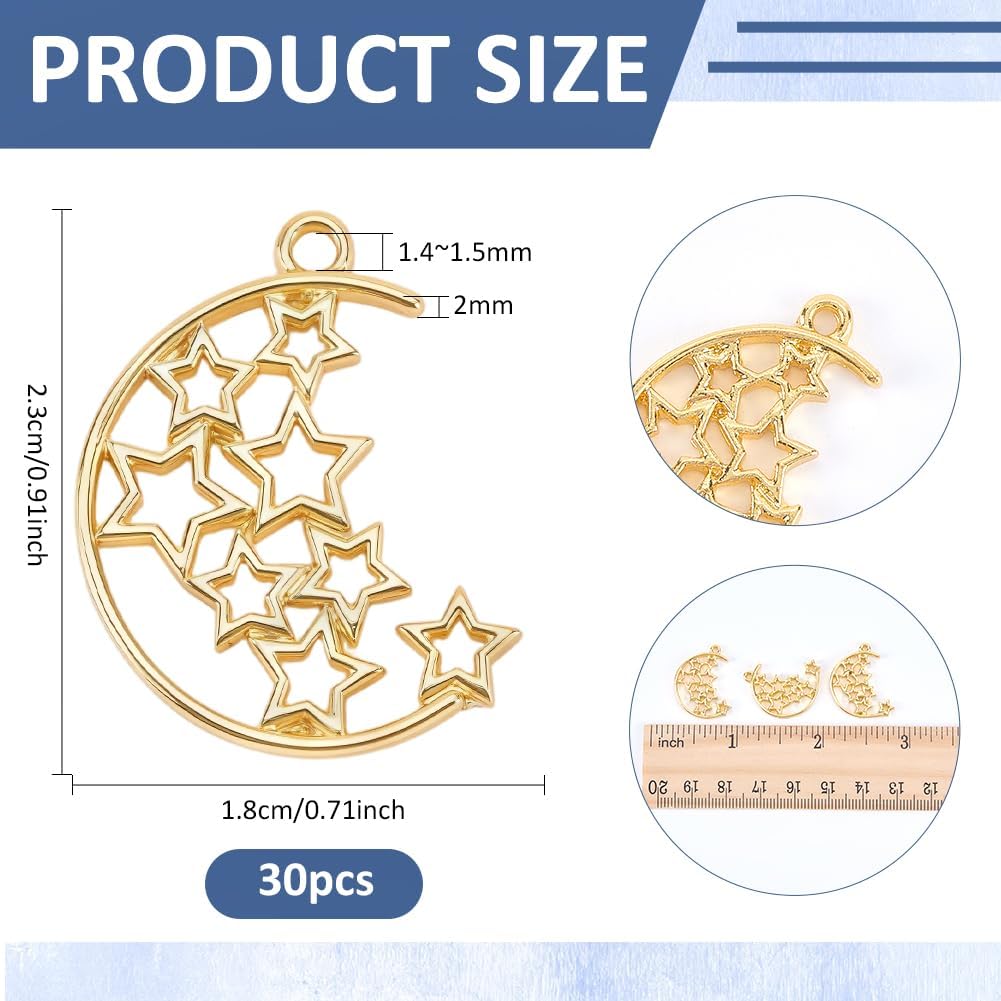 PH PandaHall 30pcs Moon Star Charms, Open Bezels for Resin Jewelry Making Golden Alloy Hollow Charms Frames Open Back Frame Pendant for UV Resin Crafts Necklace Earrings Keychain, 0.91x0.71 Inch