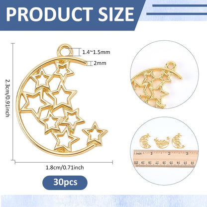 PH PandaHall 30pcs Moon Star Charms, Open Bezels for Resin Jewelry Making Golden Alloy Hollow Charms Frames Open Back Frame Pendant for UV Resin Crafts Necklace Earrings Keychain, 0.91x0.71 Inch