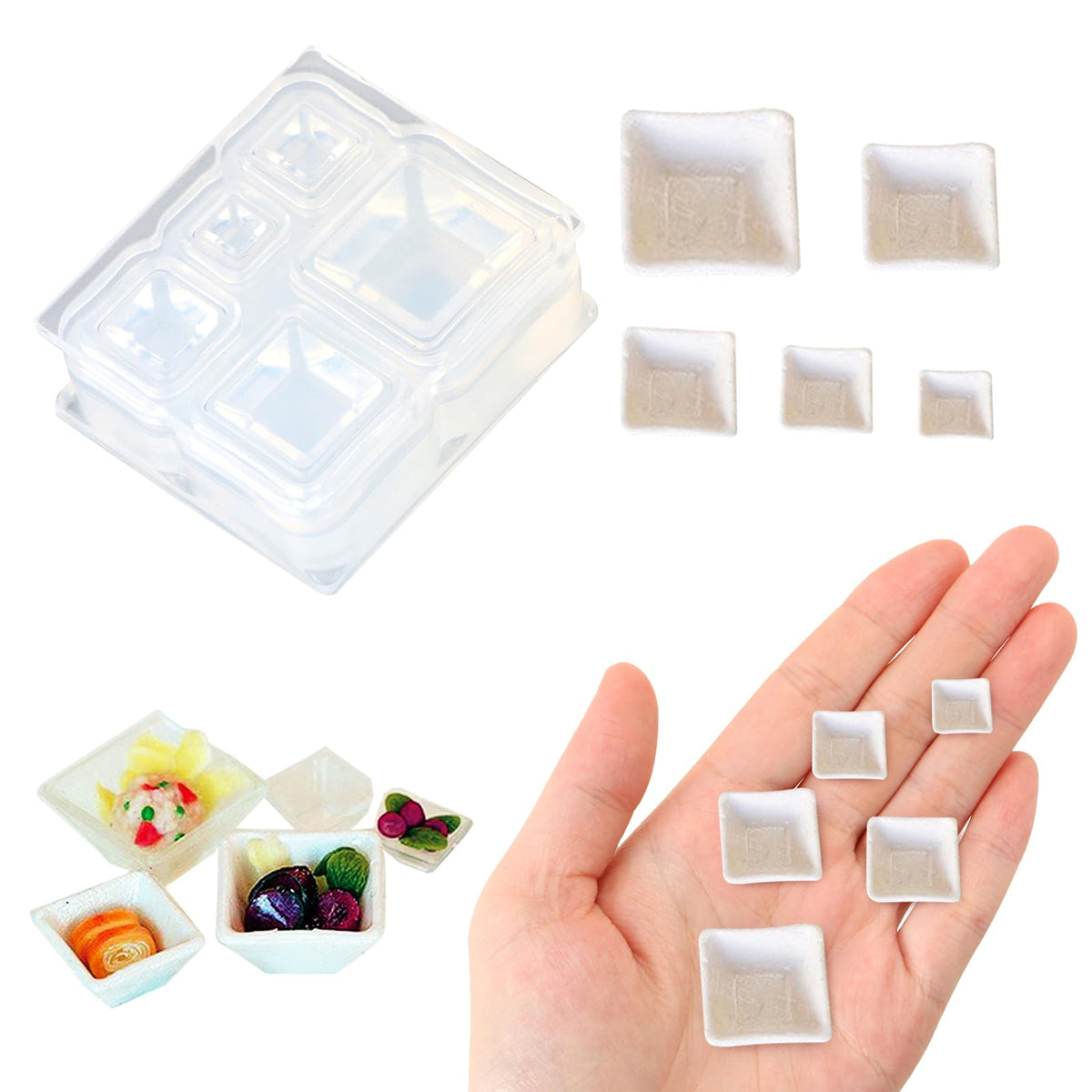 4Pcs Mini Plate and Mini Jar Resin Silicone Molds Set 3D Tiny Cute Plate Jar Epoxy Casting Molds DIY Micro Resin Dollhouse Kitchen Miniatures Landscape Decor