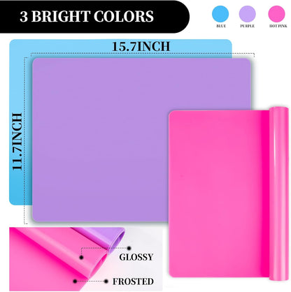 LEOBRO Silicone Mat for Resin Molds, 3 PCS Silicone Mats for Epoxy Resin, UV Resin, Play Dough Mat, Clay Mat, Nonstick Silicone Sheets Pads for DIY Arts and Crafts, Pink & Purple & Blue, 15.7”x 11.7”