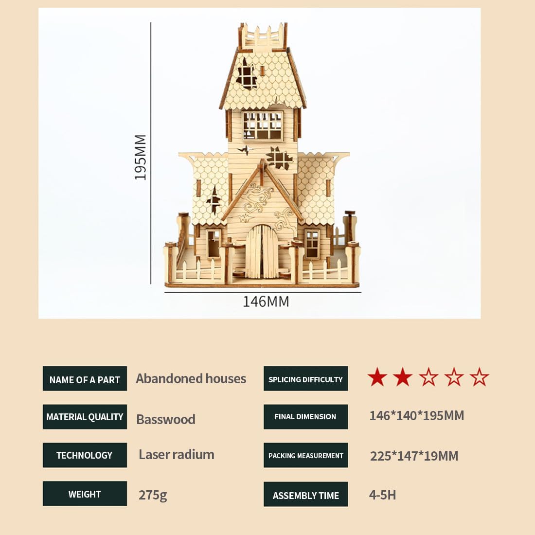 3D Wooden Halloween Abandoned House, Creative DIY Puzzle Kit with Spooky Haunted Design, Halloween Décor and Collectible Display, Gift for Adults & Enthusiasts (Kit Version/68PCS)