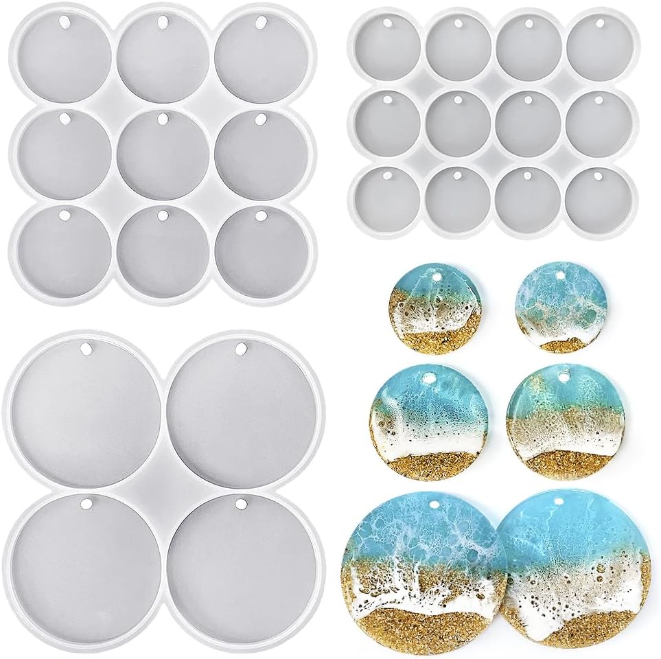 RESINWORLD 25-Cavity Set of Large + Medium + Small Shiny Flat Circle Silicone Mold, Drilled Round Earrings Pendant Mold, Keychain, Pet Tag Resin Mold
