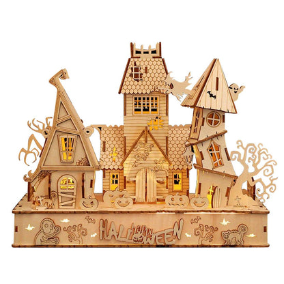 3D Wooden Halloween Abandoned House, Creative DIY Puzzle Kit with Spooky Haunted Design, Halloween Décor and Collectible Display, Gift for Adults & Enthusiasts (Kit Version/68PCS)