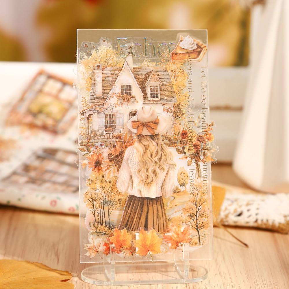 Fall Landscape Pre-Cut Autumn Journal Sticker Book, Transparent PET Watercolor Scrapbook Stickers for Junk Journaling Supplies, Scrapbooking, Collage, Bujo, 20 Sheets