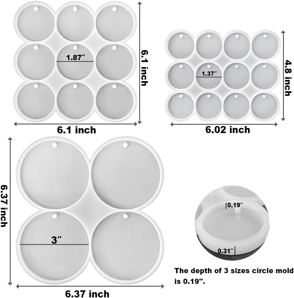 RESINWORLD 25-Cavity Set of Large + Medium + Small Shiny Flat Circle Silicone Mold, Drilled Round Earrings Pendant Mold, Keychain, Pet Tag Resin Mold