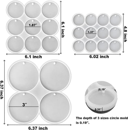 RESINWORLD 25-Cavity Set of Large + Medium + Small Shiny Flat Circle Silicone Mold, Drilled Round Earrings Pendant Mold, Keychain, Pet Tag Resin Mold