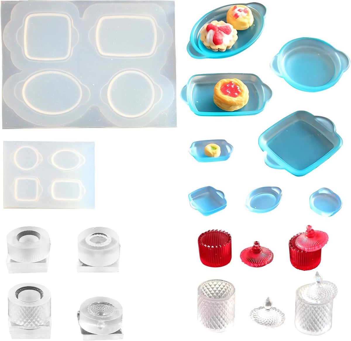 4Pcs Mini Plate and Mini Jar Resin Silicone Molds Set 3D Tiny Cute Plate Jar Epoxy Casting Molds DIY Micro Resin Dollhouse Kitchen Miniatures Landscape Decor