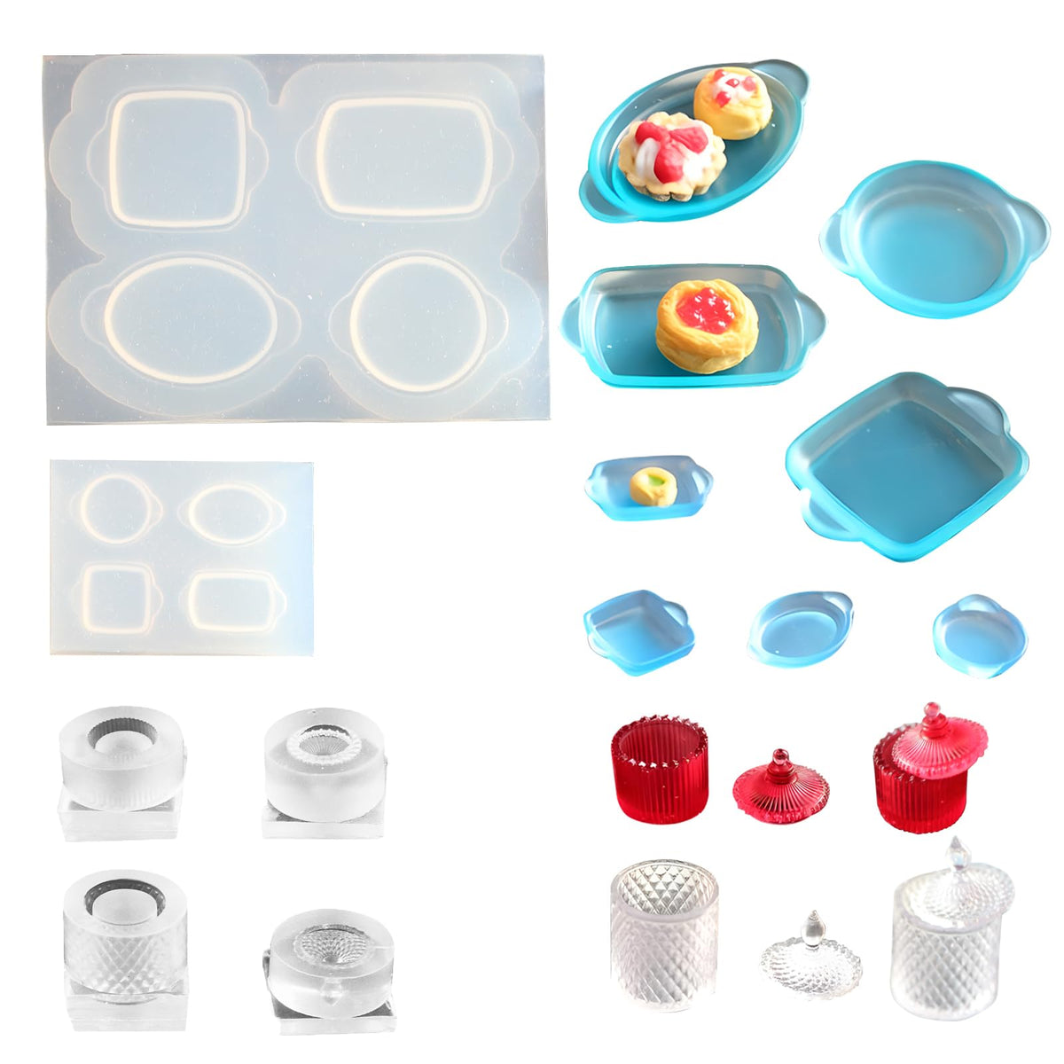4Pcs Mini Plate and Mini Jar Resin Silicone Molds Set 3D Tiny Cute Plate Jar Epoxy Casting Molds DIY Micro Resin Dollhouse Kitchen Miniatures Landscape Decor