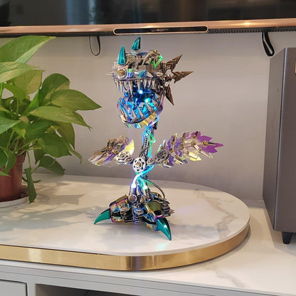 3D Metal Puzzle Piranha Plant Flower Model Kit, 400PCS DIY Assemble Steampunk Mechanical Piranha Plant Flower with LED Light, Creative Handcrafted Art Craft Desktop Display & Decoration for Adults
