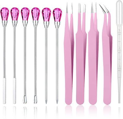 11 Pcs Silicone Resin Mold Tools Set Stirring Needle Spoon Tool Tweezers Precision Kit, Anti-Static Electronics Tweezers Set for Resin Art Crafts,Jewelry Making,DIY Epoxy Casting Molds(Rose Red)