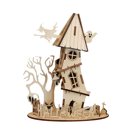 3D Wooden Halloween Abandoned House, Creative DIY Puzzle Kit with Spooky Haunted Design, Halloween Décor and Collectible Display, Gift for Adults & Enthusiasts (Kit Version/68PCS)