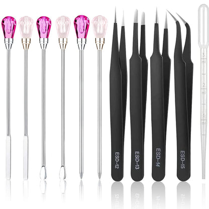 11 Pcs Silicone Resin Mold Tools Set Stirring Needle Spoon Tool Tweezers Precision Kit, Anti-Static Electronics Tweezers Set for Resin Art Crafts,Jewelry Making,DIY Epoxy Casting Molds(Rose Red)