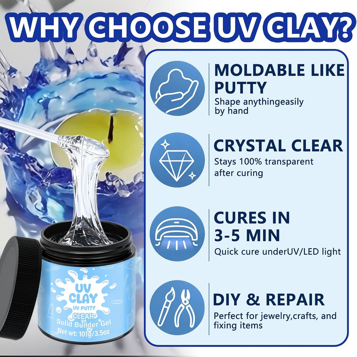 3.5 oz UV Clay Clear Polymer Resin for 3D Crafts, DIY Jewelry Making, Silicone Molds, UV Curing, Crystal Clear Casting, Miniature Art, and Handmade Resin Projects