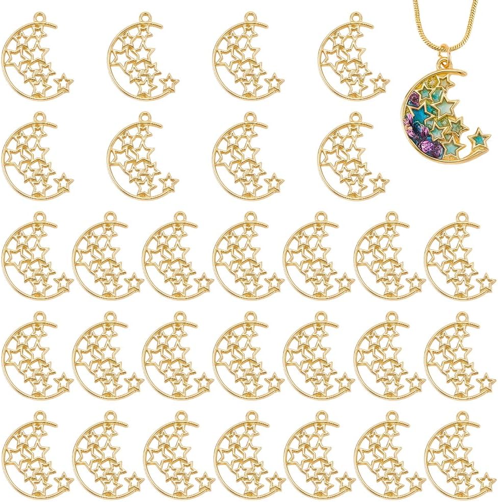 PH PandaHall 30pcs Moon Star Charms, Open Bezels for Resin Jewelry Making Golden Alloy Hollow Charms Frames Open Back Frame Pendant for UV Resin Crafts Necklace Earrings Keychain, 0.91x0.71 Inch