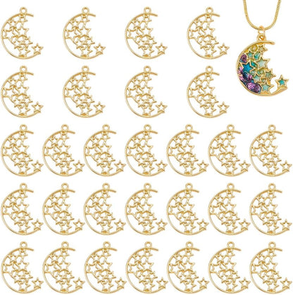 PH PandaHall 30pcs Moon Star Charms, Open Bezels for Resin Jewelry Making Golden Alloy Hollow Charms Frames Open Back Frame Pendant for UV Resin Crafts Necklace Earrings Keychain, 0.91x0.71 Inch