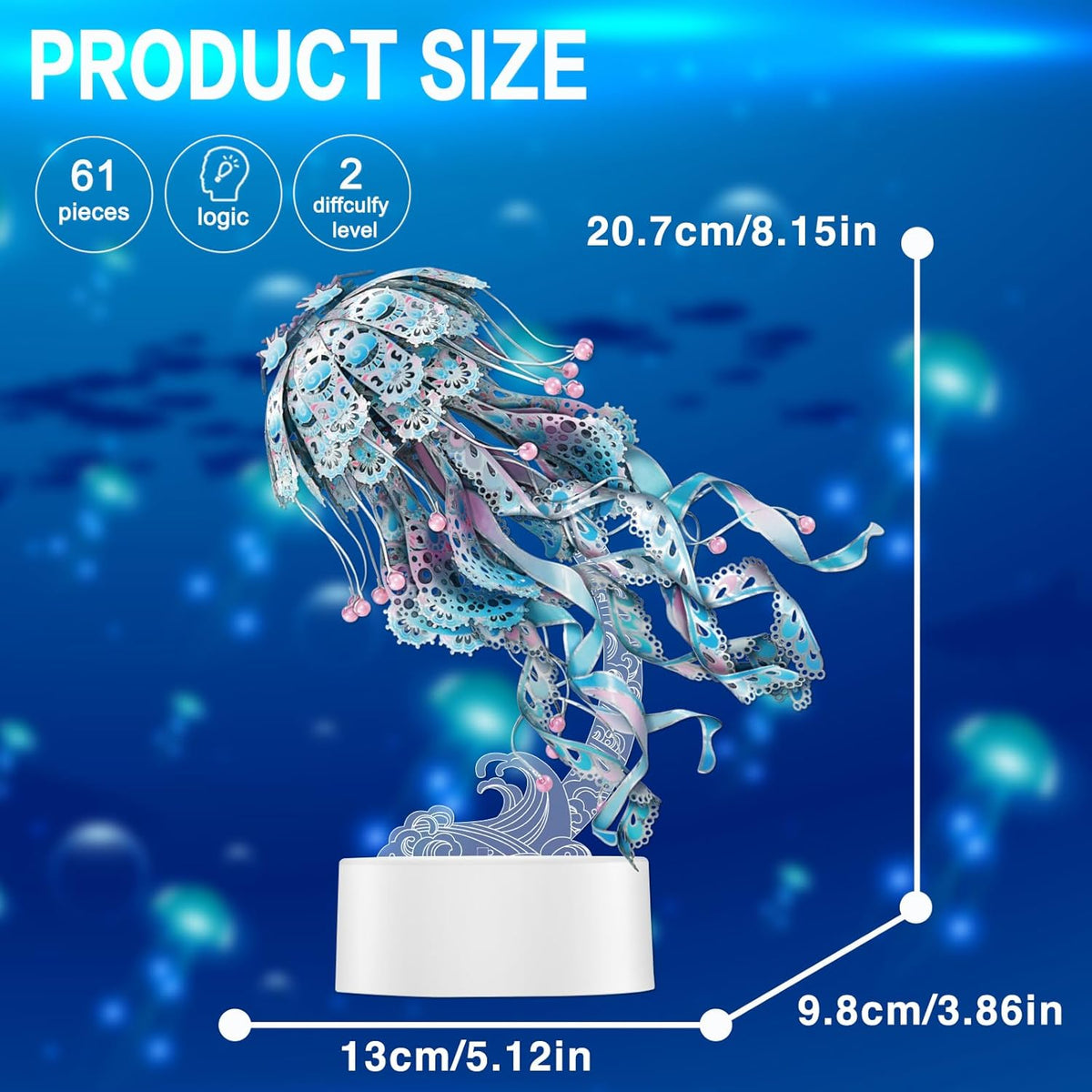 Piececool 3D Puzzles for Adults, Jellyfish Night Light with USB Plug, Ocean Animals 3D Metal Model Building Kits, Hobbies DIY Assembling Arts and Crafts