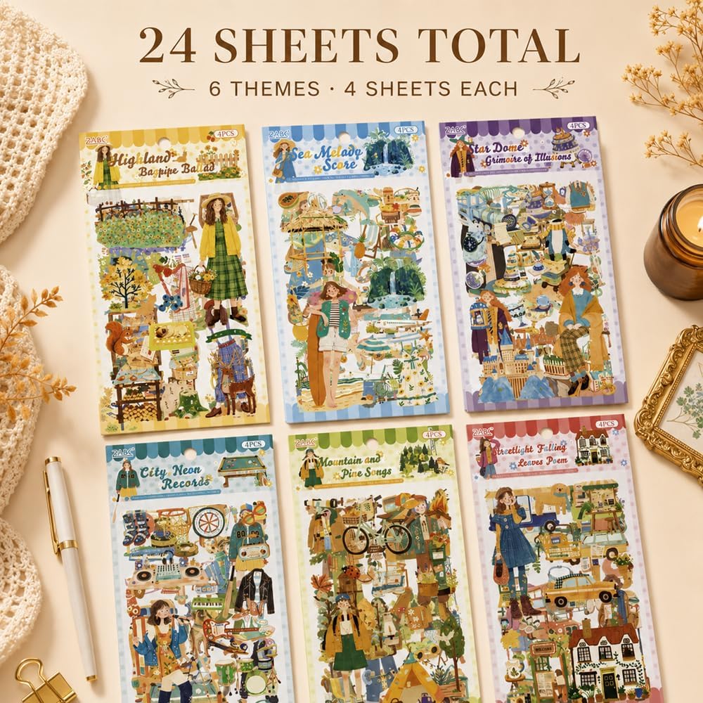 24 Sheets PET Die-Cut Stickers for Journaling, 6 Theme Packs