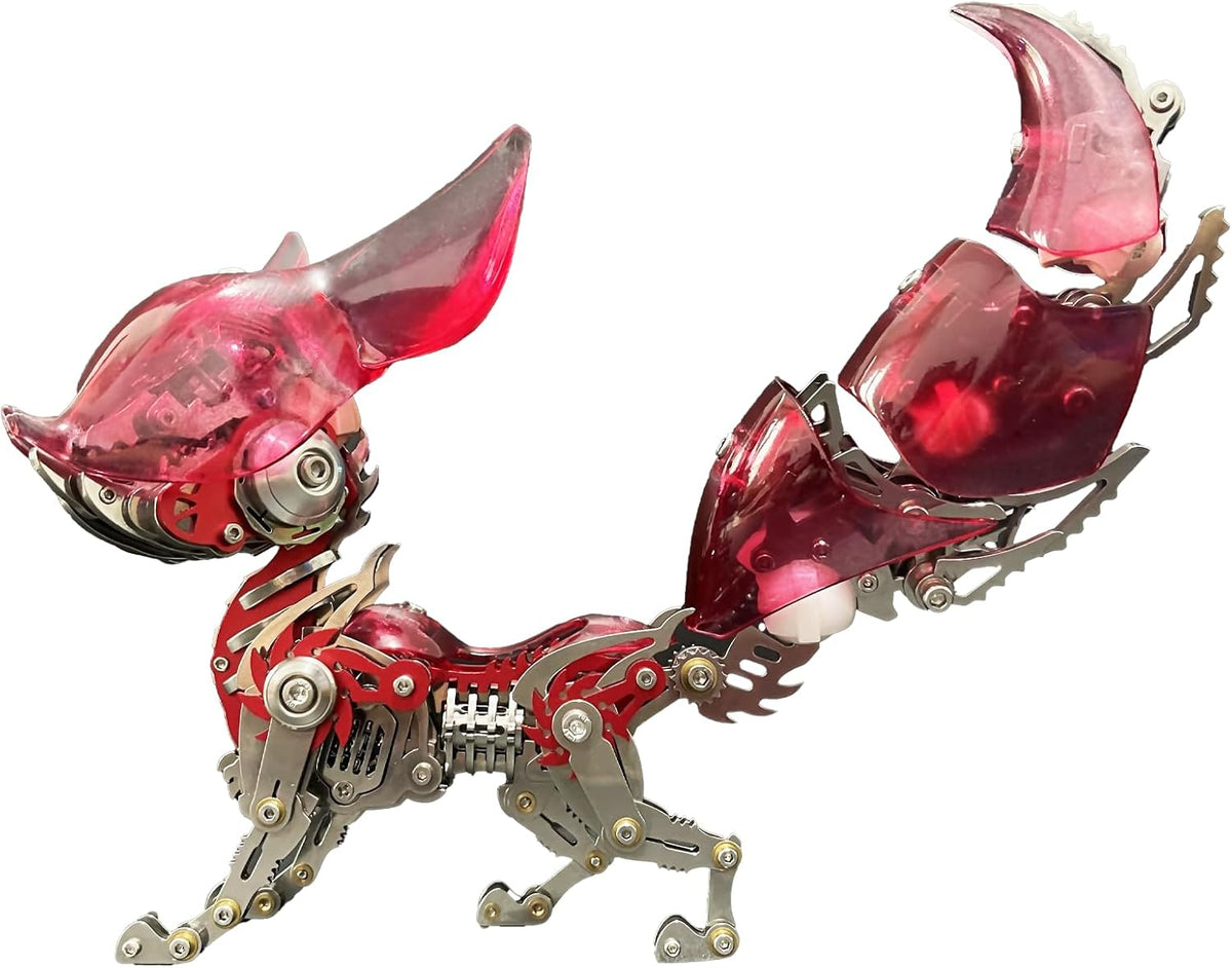Mechanical Fox Model Kit | 3D Metal Puzzle for Adults | Articulated Alloy and Steel Construction | Movable Joints | LED Light | DIY Assembly Model | Display Ornament and Gift (Red)