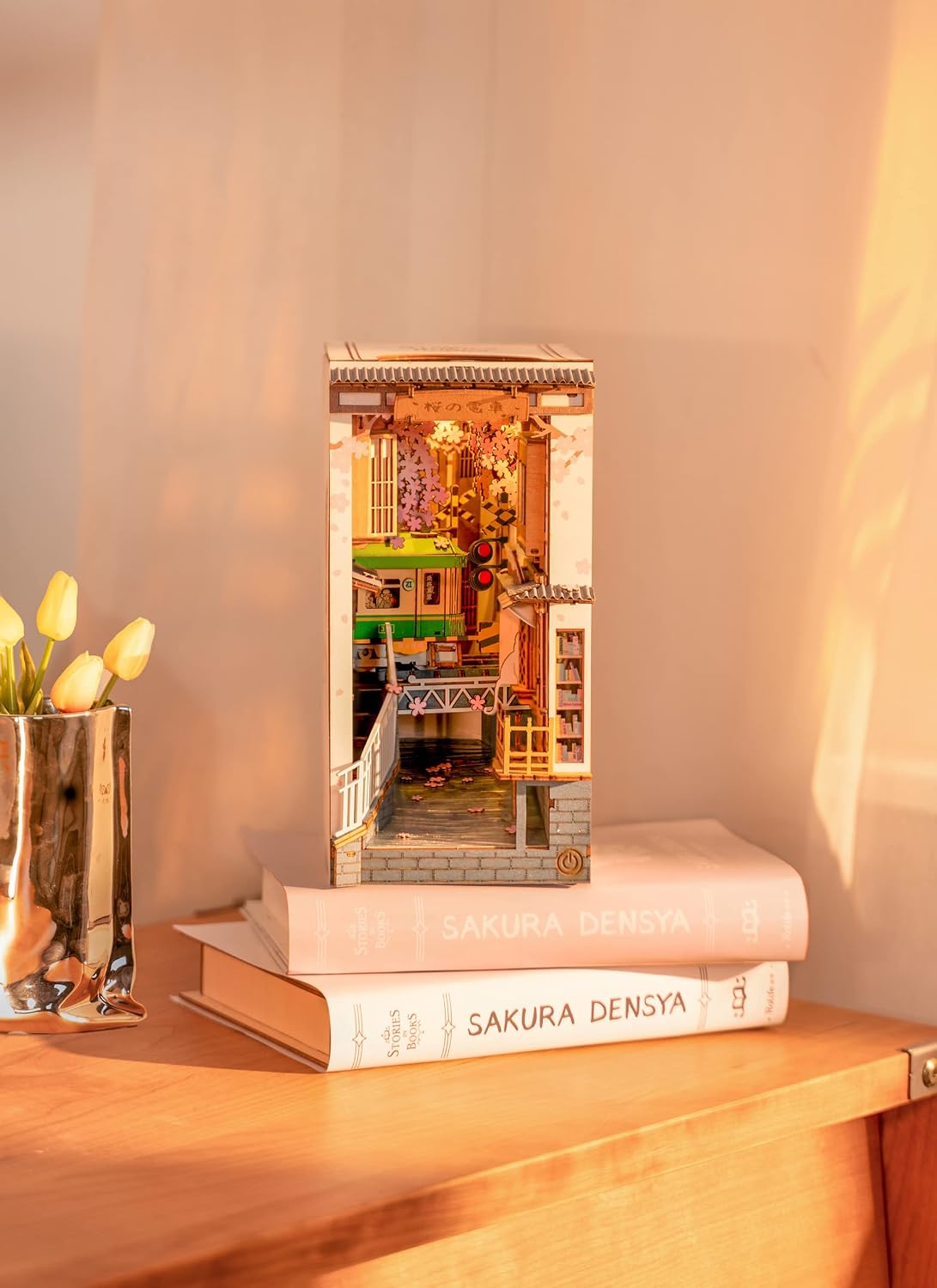 ROBOTIME DIY Book Nook Kit DIY Miniature Dollhouse Booknook Kit 3D Wooden Puzzle with LED Light,Decorative Bookend Bookshelf Insert Decor for Teens and Adults (Sakura Tram)